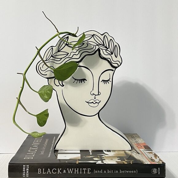 Elegant Head Ceramic Vase Planter Bridgerton Victorian Bust Black and White - Picture 3 of 17